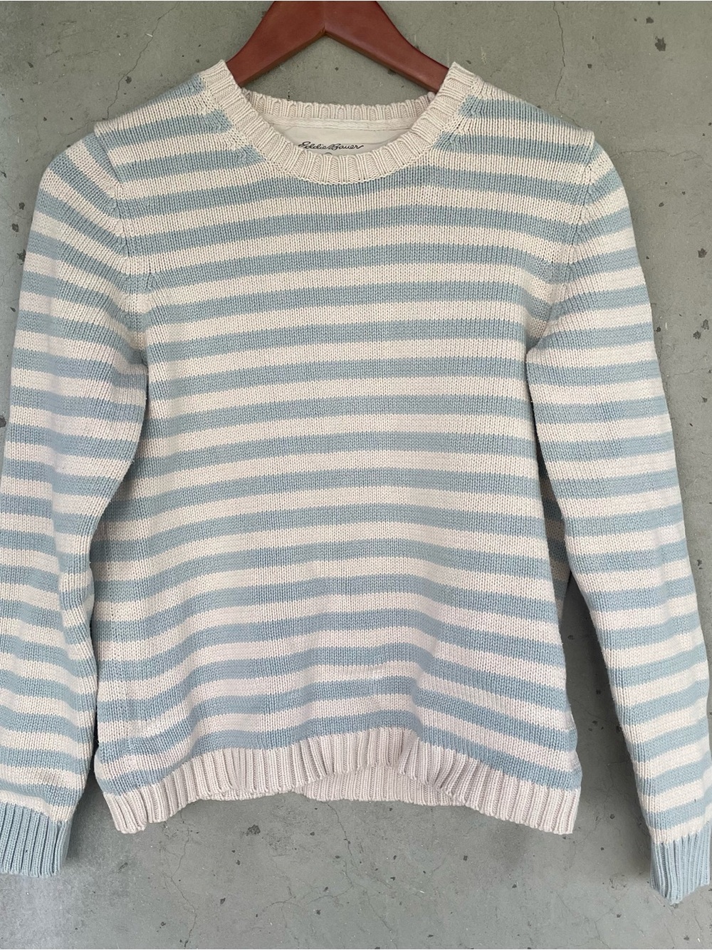 Eddie Bauer Light Blue and Cream Striped Crewneck Sweater